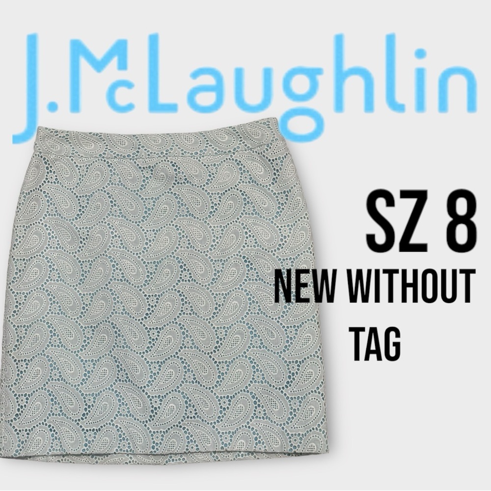 J MCLAUGHLIN Ivory Blue Lined‎ Paisley Formal Casual Skirt Classic Career Size 8